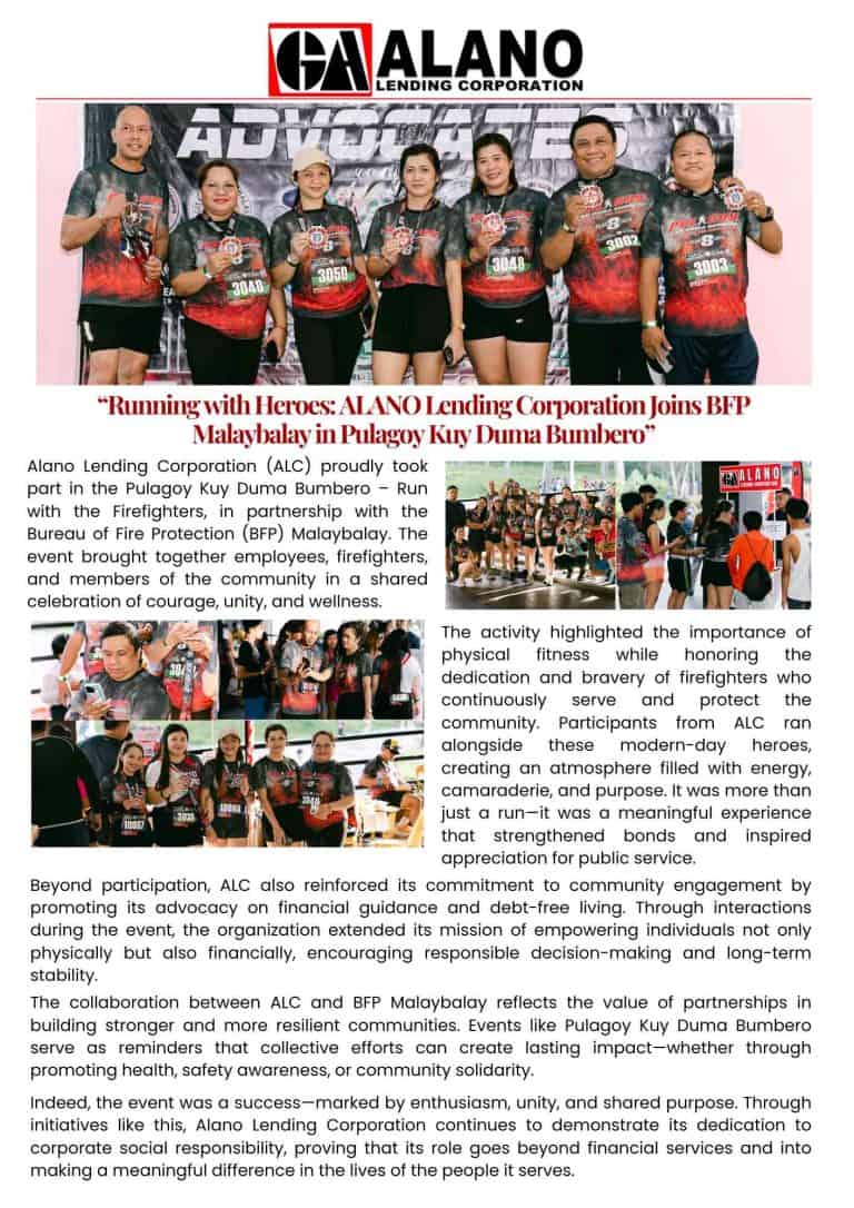 “Running with Heroes ALANO Lending Corporation Joins BFP Malaybalay in Pulagoy Kuy Duma Bumbero” - Rose Angeli Ochea